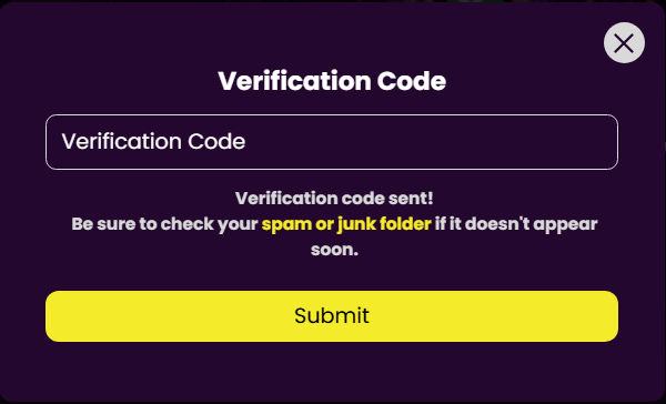 Verification code modal with single input field and Submit button below